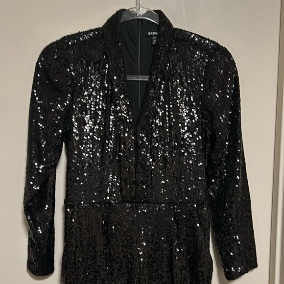 Express Women's Black Sequin Jumpsuit Size XS Petite Party V-Neck - Picture 6 of 10